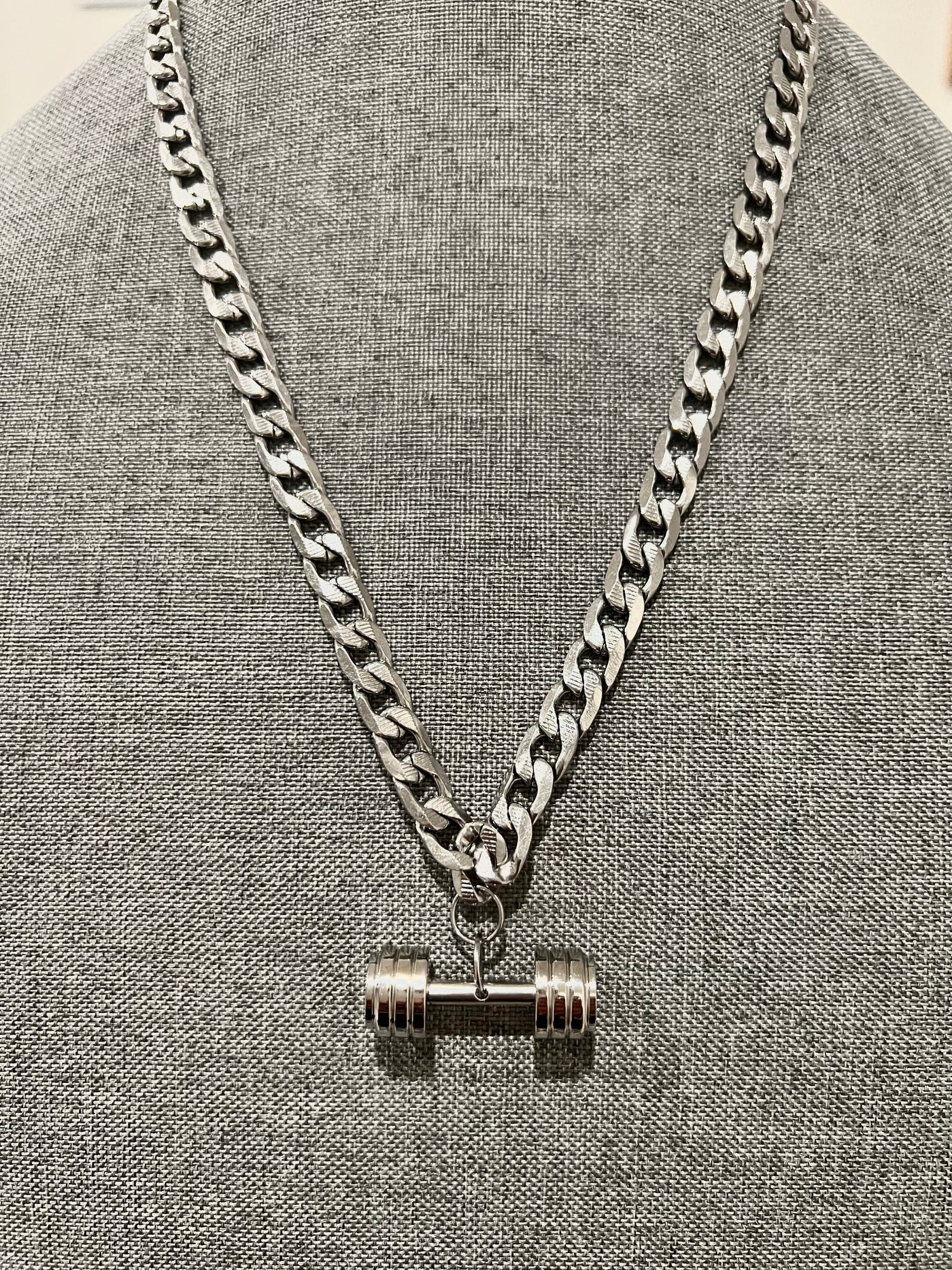 Solid Silver Stainless Steel Dumbbell Necklace - Brent's Bling