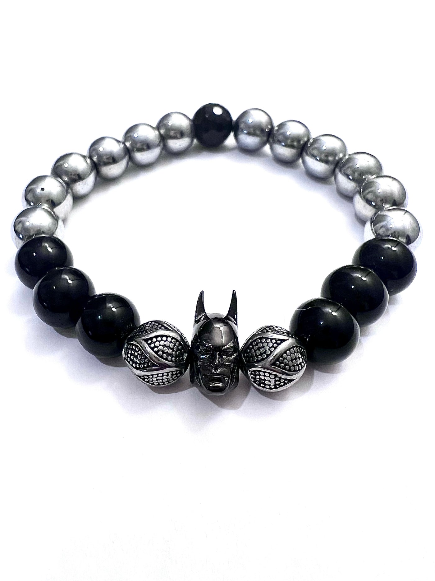 Batman head with Onyx and Silver beads and stainless steel spacer beads - Brent's Bling