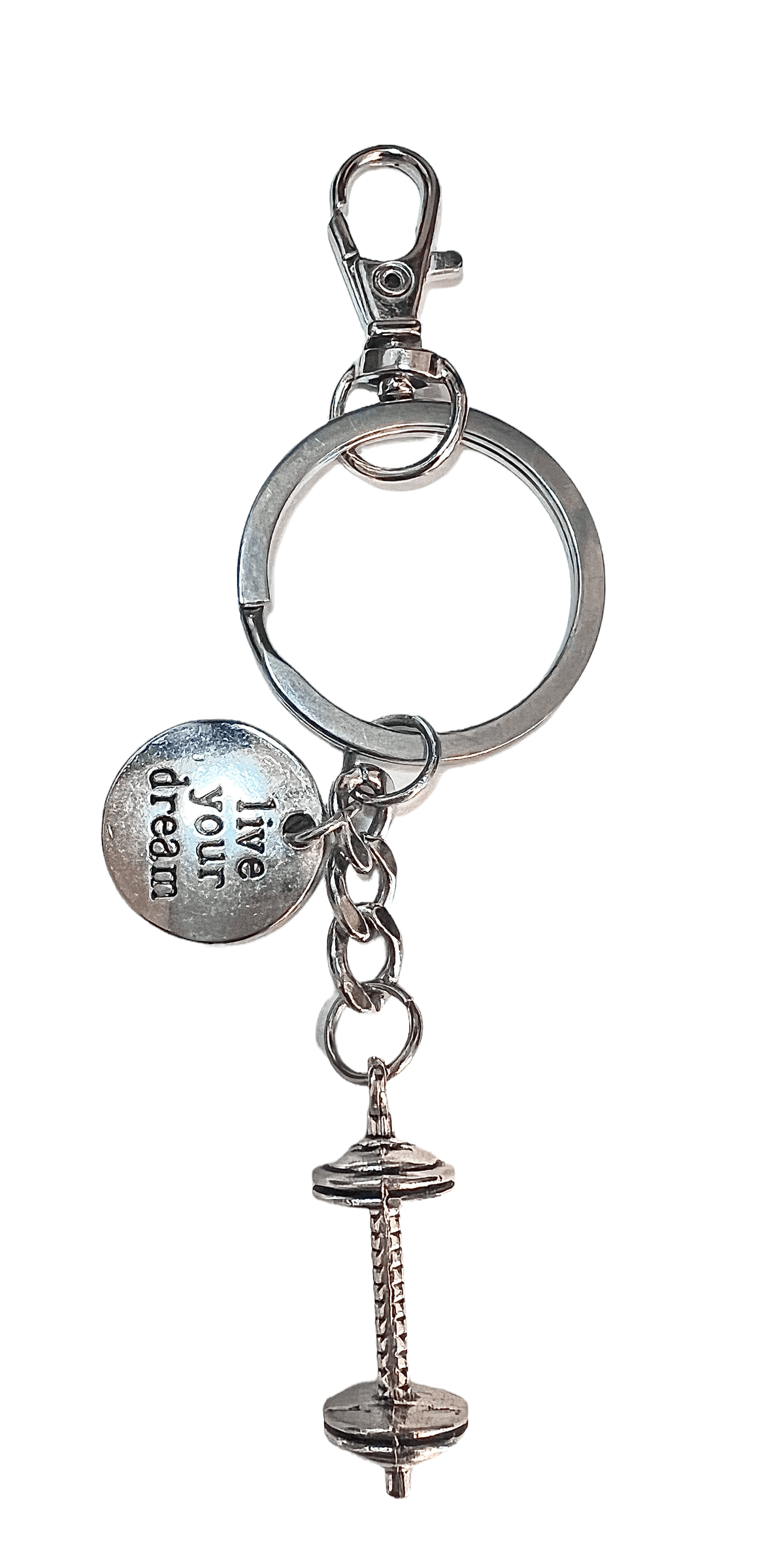 Stainless Steel Dumbbell key chain live your dream quote - Brent's Bling