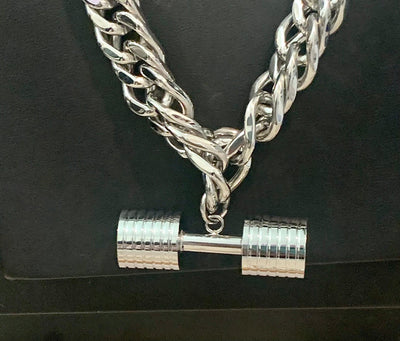 Colier uriaș cu gantere din argint și lanț cubanez din oțel inoxidabil