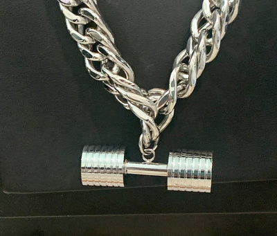 Huge Silver Dumbbell Necklace and Stainless Steel Cuban chain