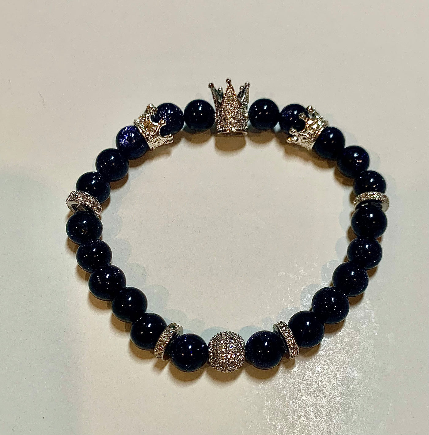 Silver Crown Blue Moonstone Bead Bracelet