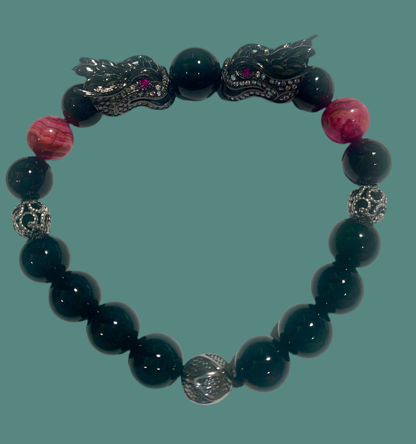 Silver Dragon Bracelet with Red Eyes and 3 Stainless Steel Spacer Beads