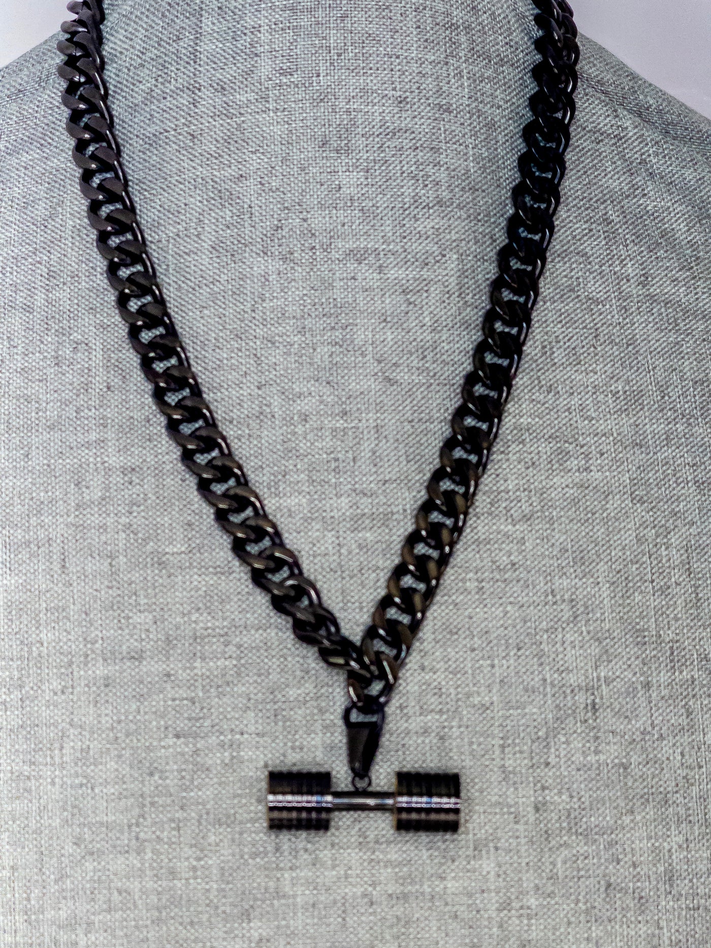 Huge Black Enamel Dumbbell Necklace with a Stainless Steel Cuban chain