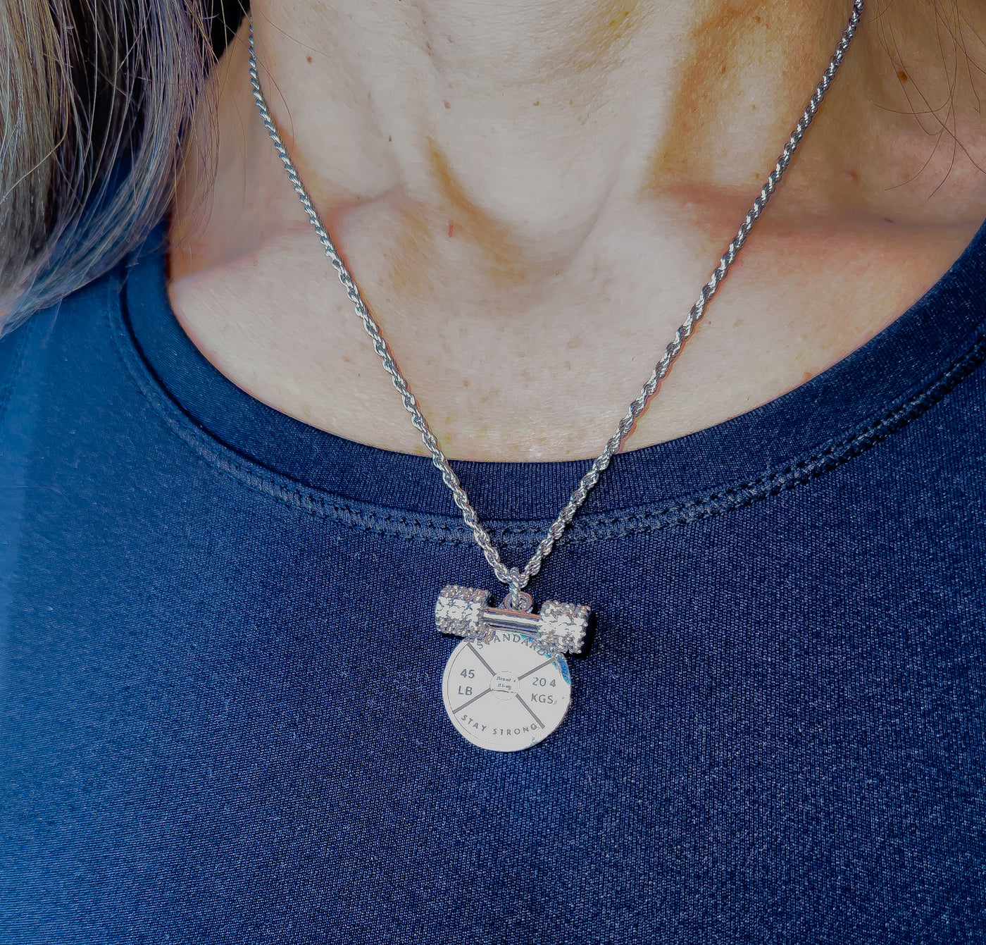 Women’s Stainless Steel Iced Dumbbell & Weight Plate Necklace – 18” Rope Chain Fitness Jewelry