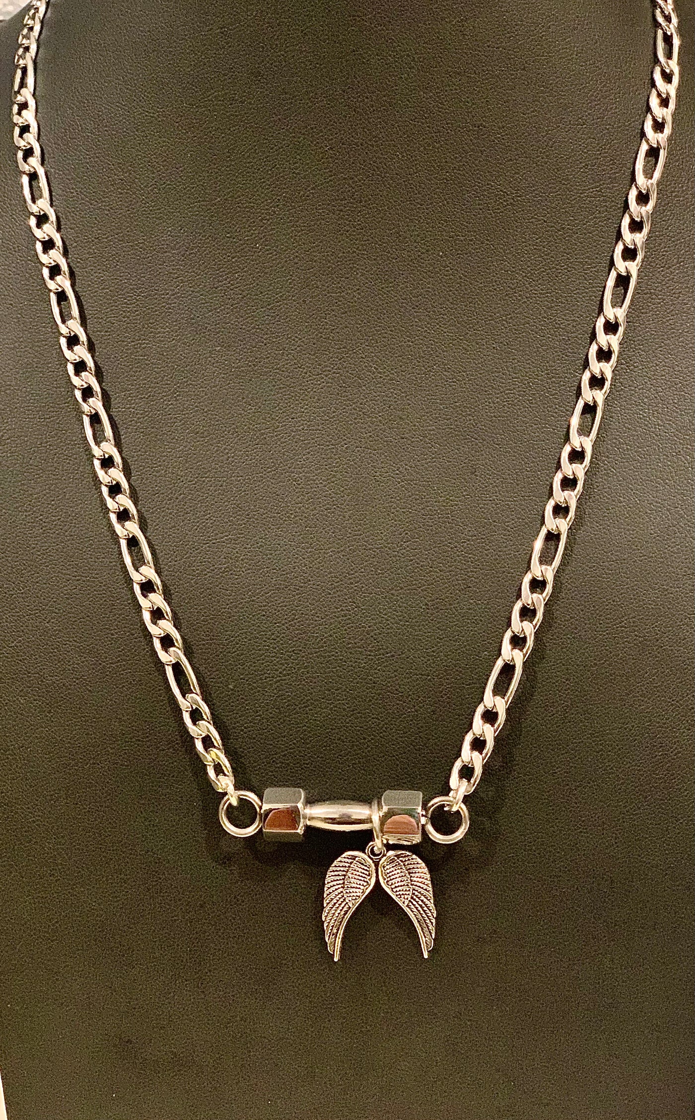Dumbbell and Wings Silver Necklace