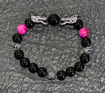 Pulsera de dragón de plata con ojos rojos y 3 cuentas de espaciadora de acero inoxidable