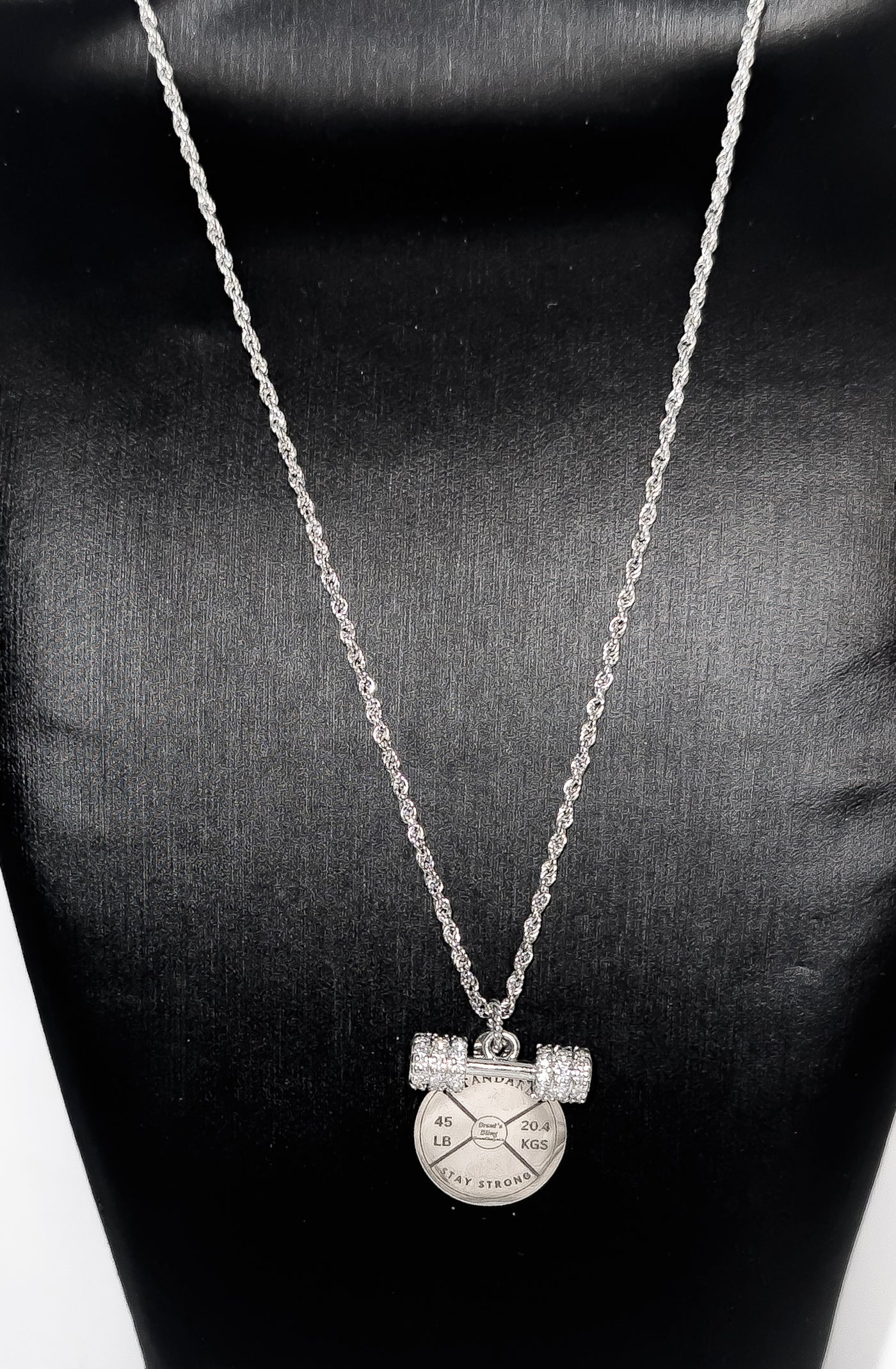 Women’s Stainless Steel Iced Dumbbell & Weight Plate Necklace – 18” Rope Chain Fitness Jewelry