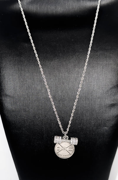 Women’s Stainless Steel Iced Dumbbell & Weight Plate Necklace – 18” Rope Chain Fitness Jewelry