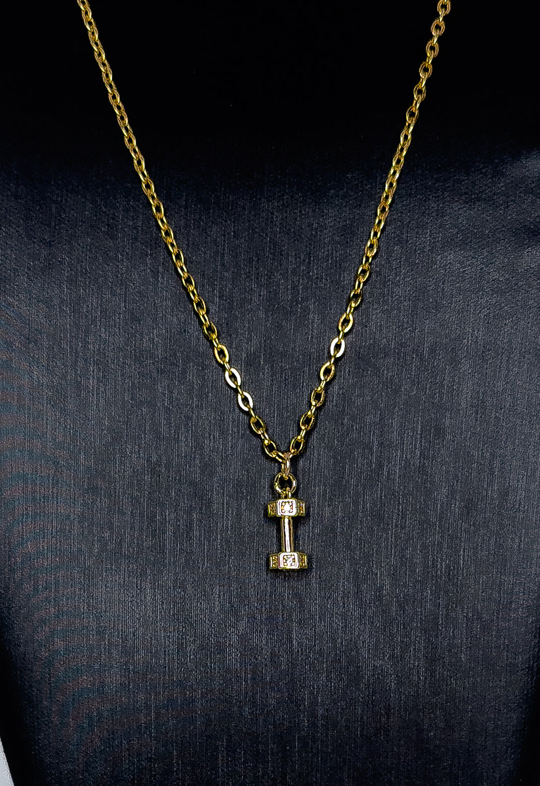 18K Gold Plated Dumbbell Necklace – 18” Stainless Steel Cable Chain with 1/2” x 1/4” Gold Plated Brass Pendant