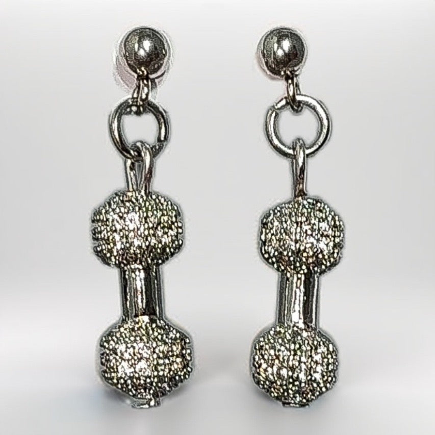 Silver Cubic Zirconia Dumbbell Earrings | 1.25-Inch Fitness Fashion Jewelry