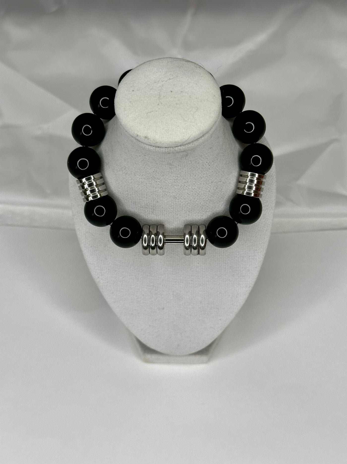 Huge Silver Dumbbell Bracelet with Black Onyx Beads