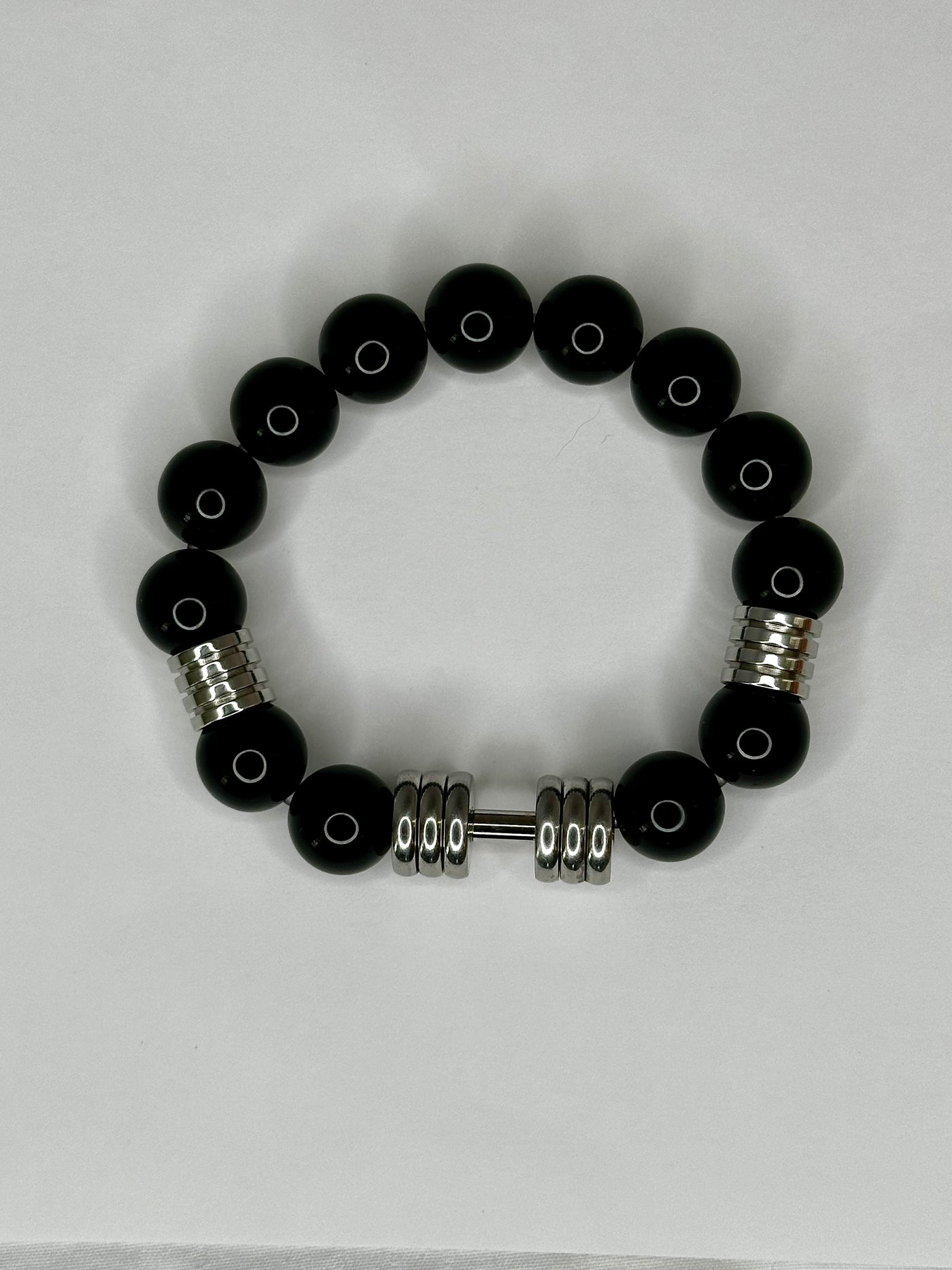Huge Silver Dumbbell Bracelet with Black Onyx Beads