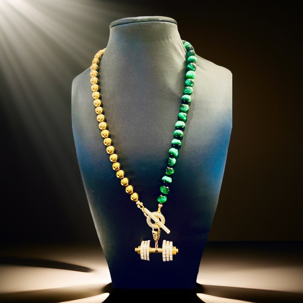Green Tiger Eye & Gold Hematite Beaded Necklace - Rhinestone Dumbbell Pendant, Gold Plated, Customizable Length