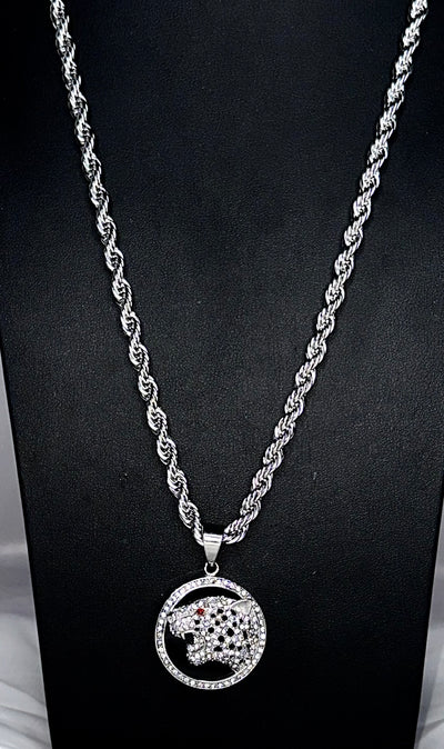 Iced Panther Head Silver Necklace with Luxe Rope Chain