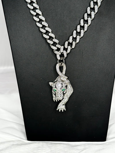 Silver Stainless Steel Iced Necklace with Luxurious Iced Panther Pendant - Exclusive - Brent's Bling