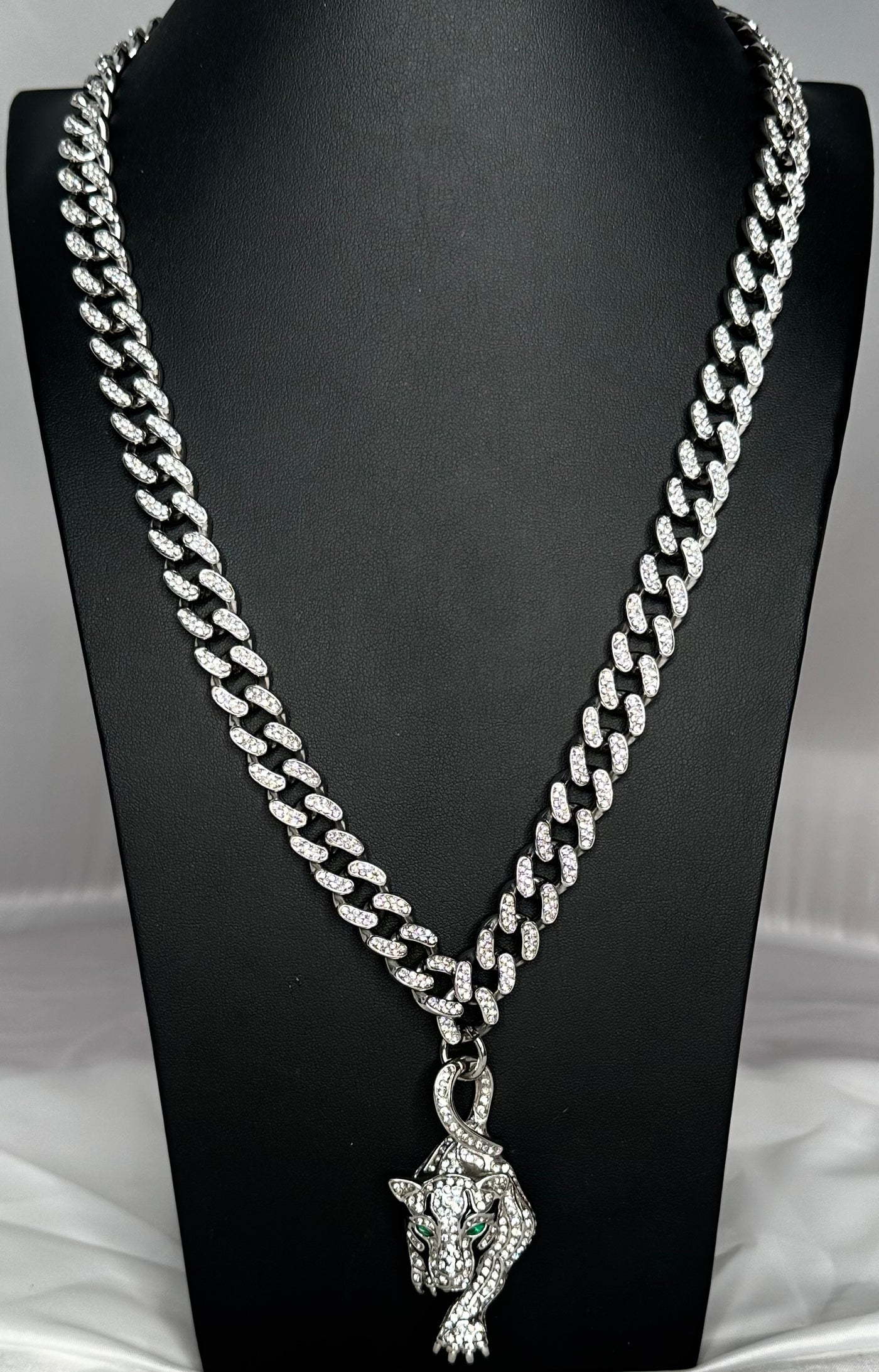 Silver Stainless Steel Iced Necklace with Luxurious Iced Panther Pendant - Exclusive