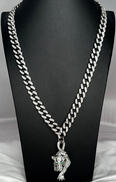 Silver Stainless Steel Iced Necklace with Luxurious Iced Panther Pendant - Exclusive - Brent's Bling