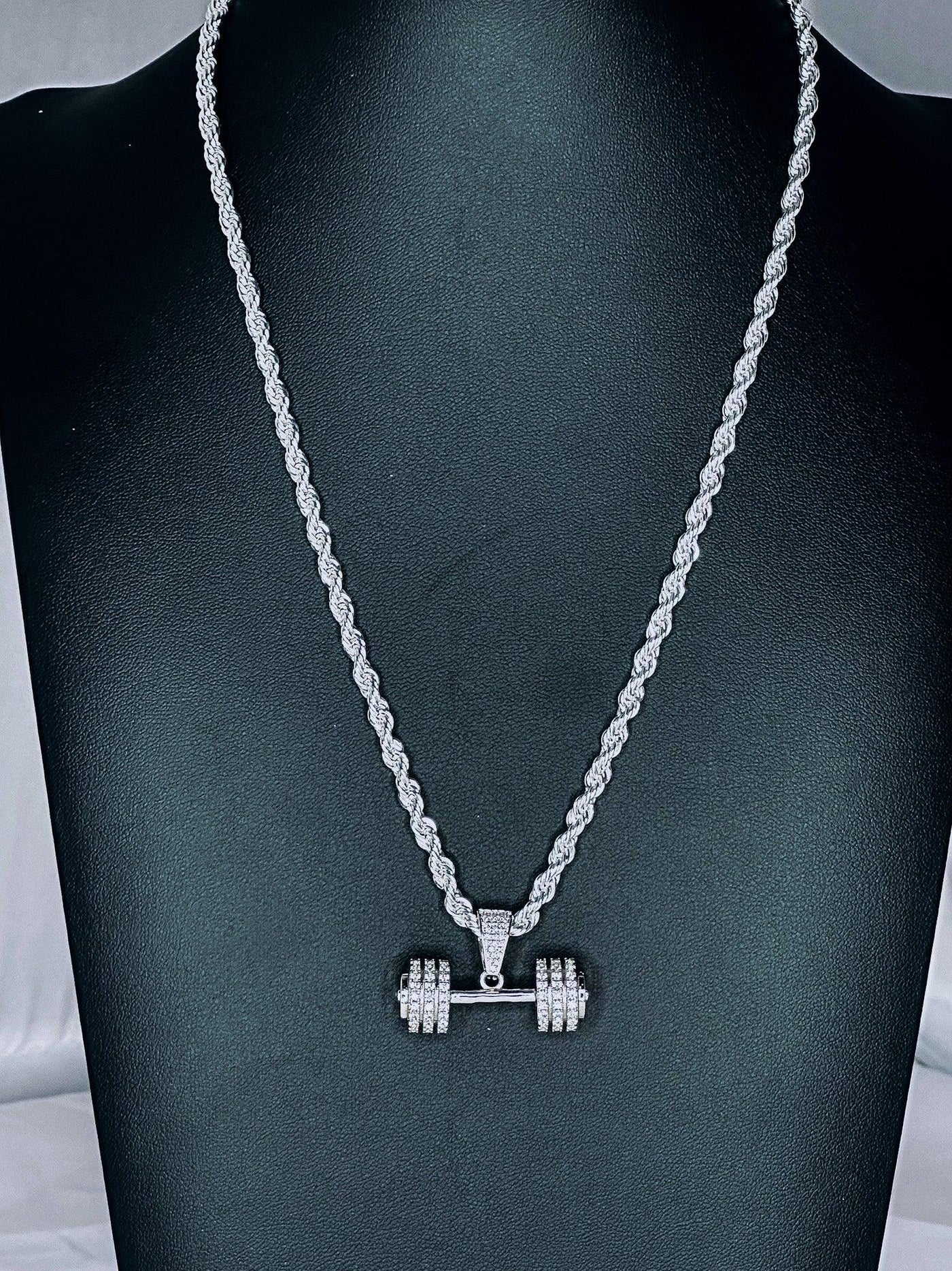 Iced Silver Dumbbell with 20 inch white Sterling Silver Rope Chain