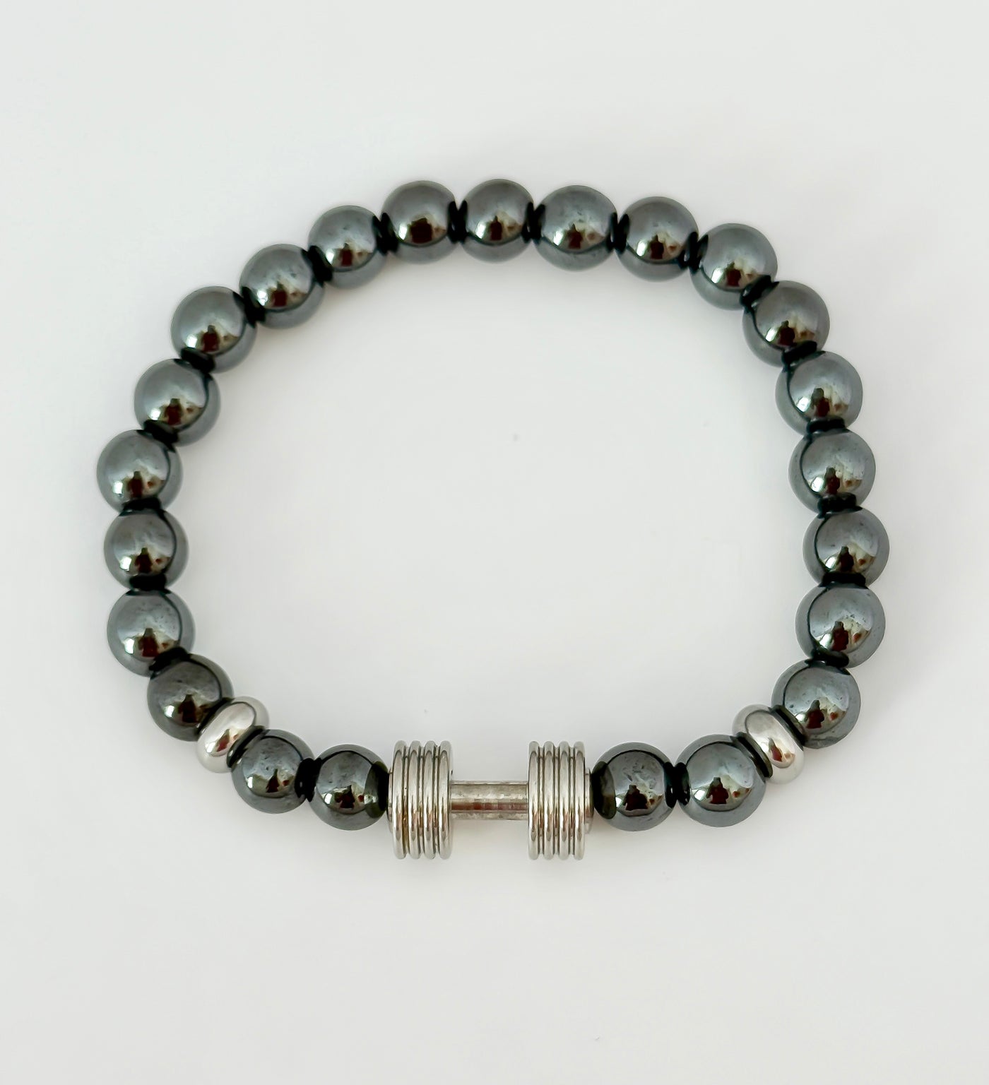 8mm Hematite Bead Bracelet with Silver Dumbbell Charm – Fitness Inspired by Brent’s Bling