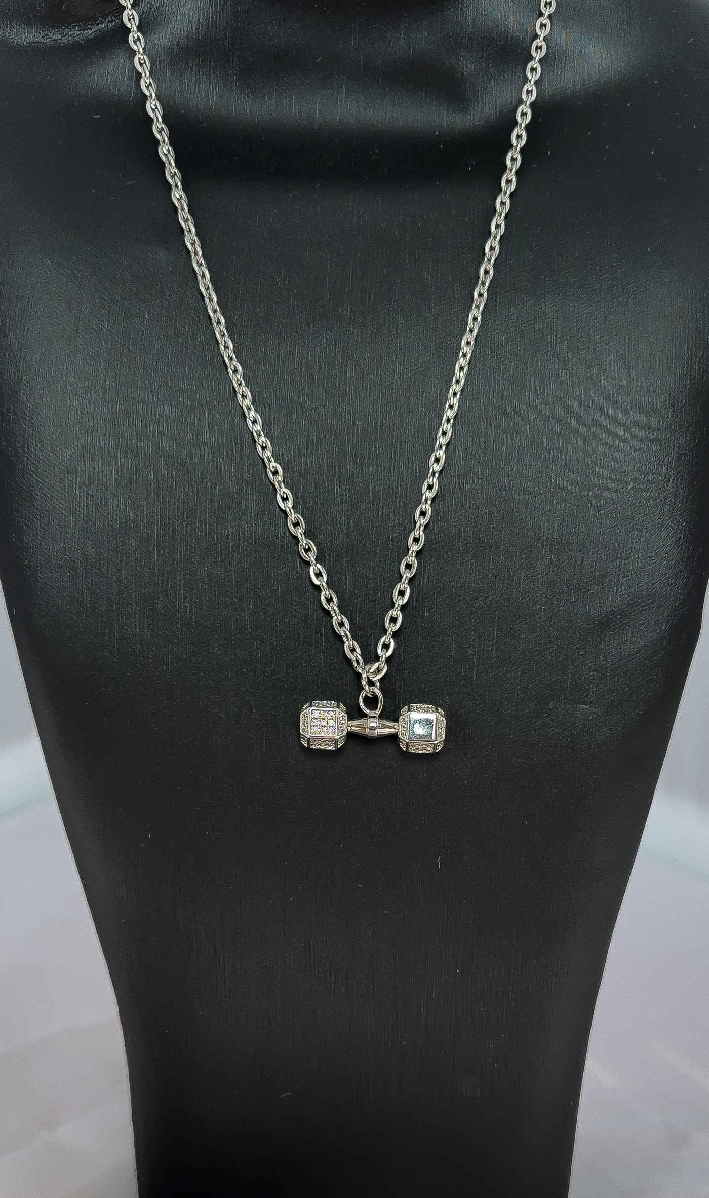 Premium Stainless Steel Iced Rhinestone Dumbbell Necklace 18” Fitness Chain