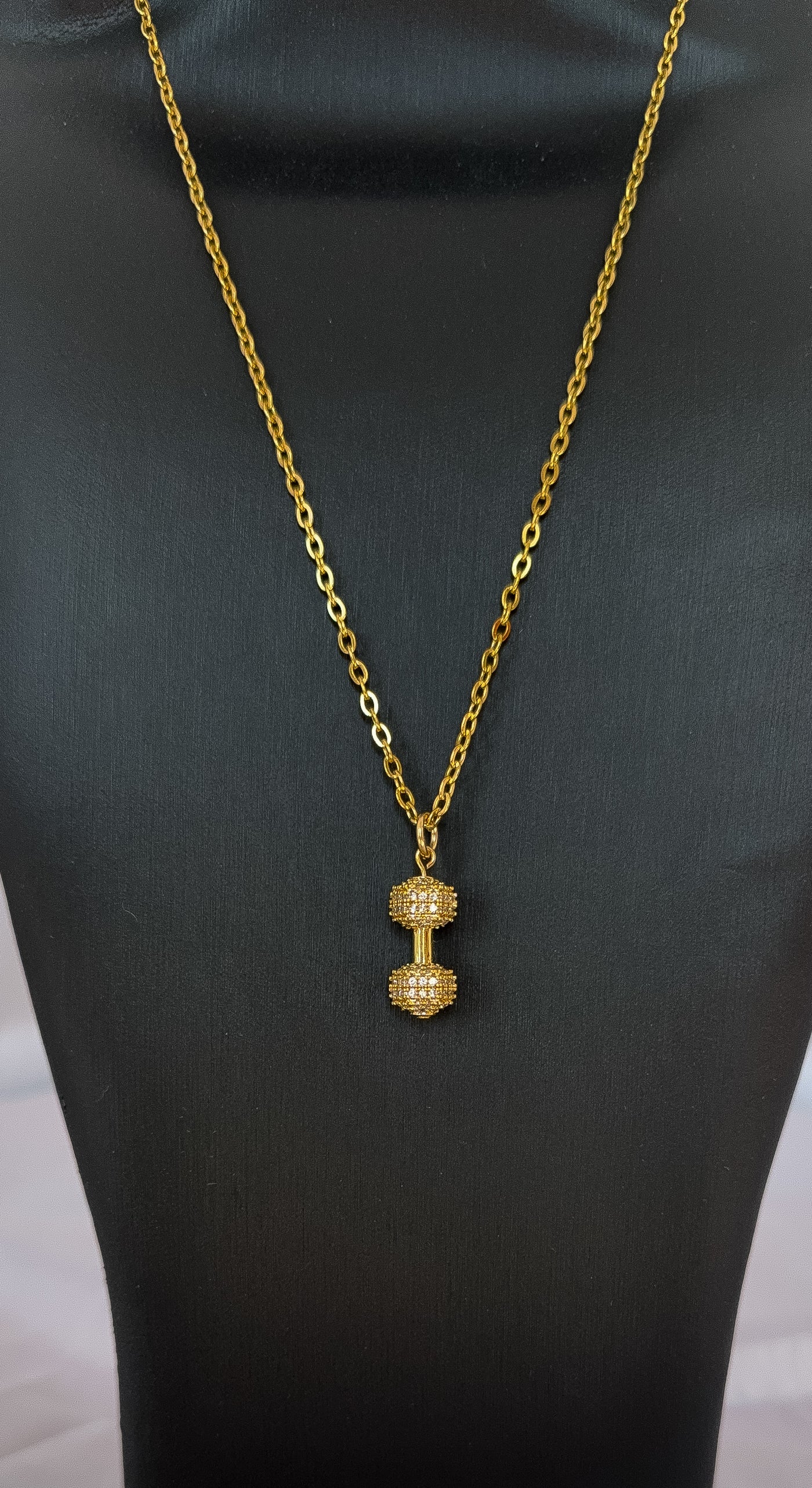 18K Gold Iced Dumbbell Necklace Stainless Steel Fitness Pendant