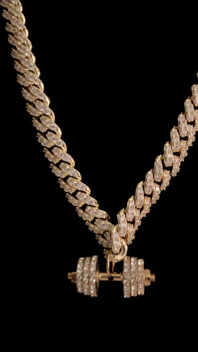 Discover the Pinnacle of Fitness Fashion: Gold-Plated Iced Cuban Chain with a Big Blinged out Dumbbell Pendant