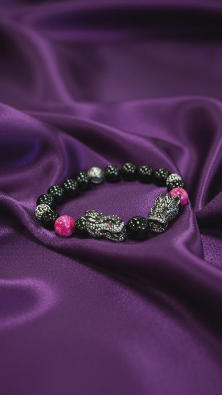 Pulsera de dragón de plata con ojos rojos y 3 cuentas de espaciadora de acero inoxidable