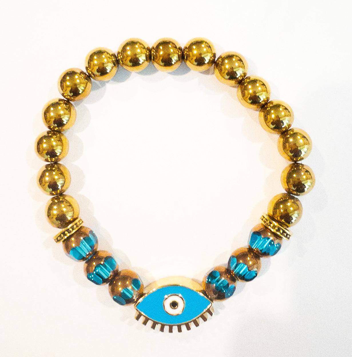 Evil Eye Bead Bracelet Turquoise, Gold spacers and Gold Beads - Brent's Bling