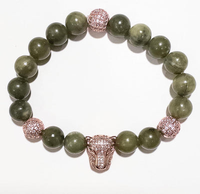 Rose Gold Panther with Cubic Zirconia Green Jade beads 10mm - Brent's Bling