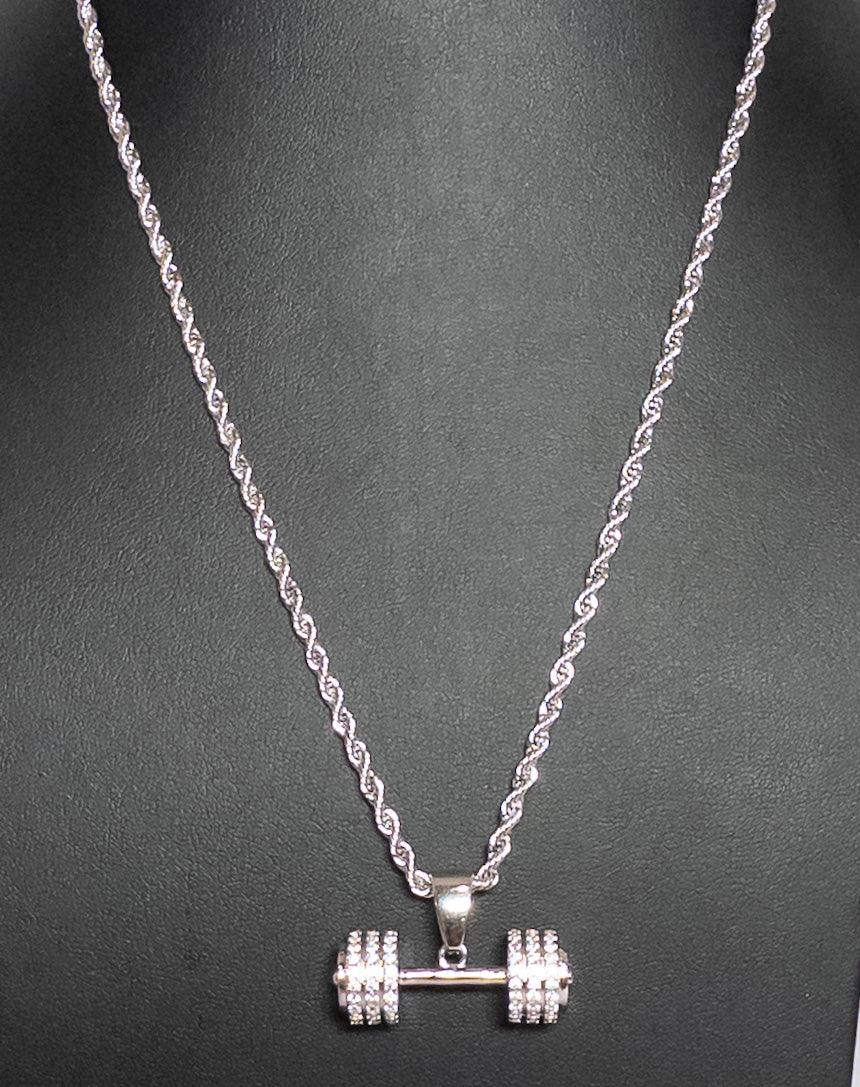 Iced Silver Dumbbell Pendant with Stainless Steel Box Chain - Brent's Bling
