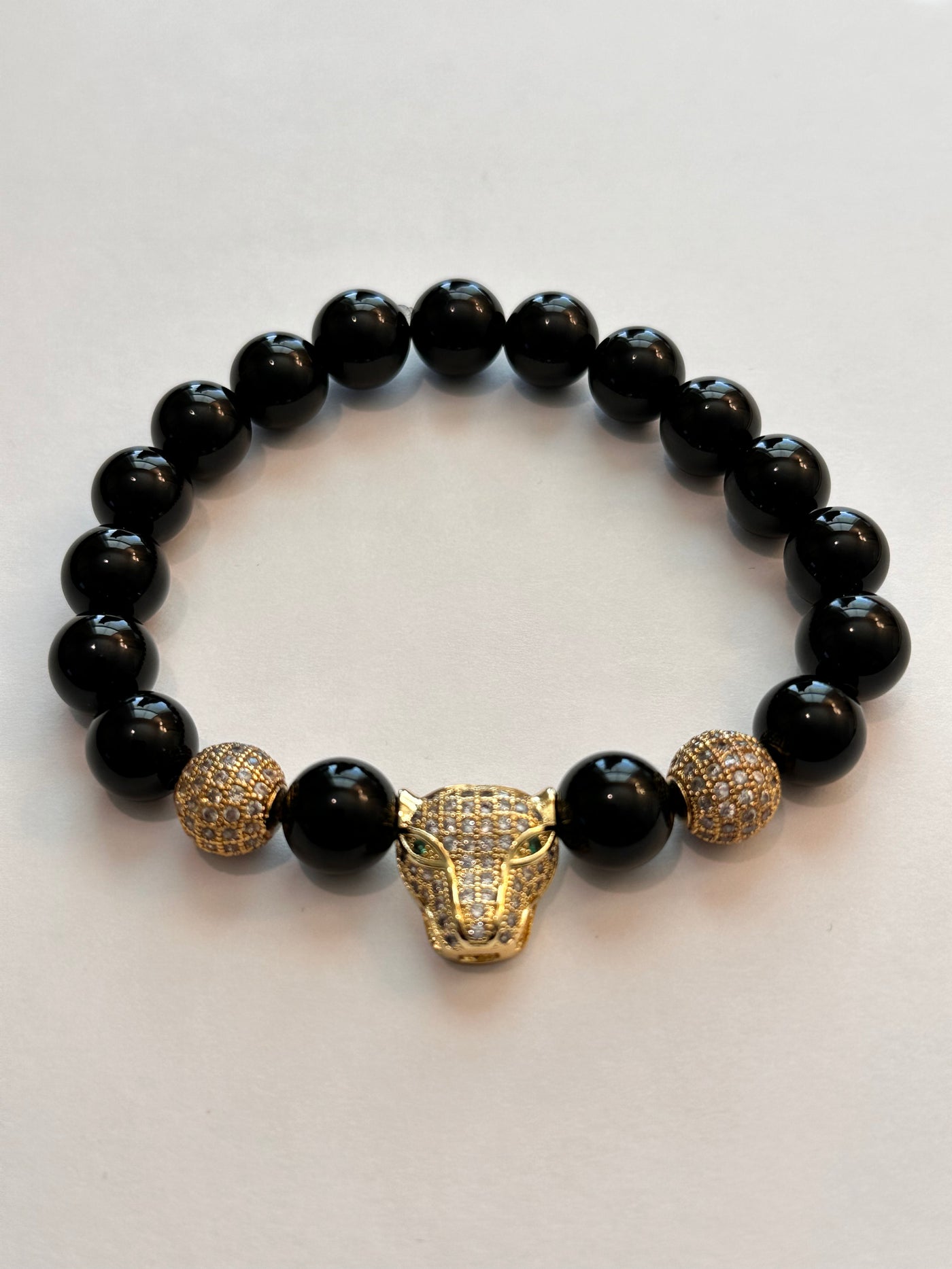 Panther Bracelet Gold plated Stainless Steel with Black Onyx Beads - Brent's Bling