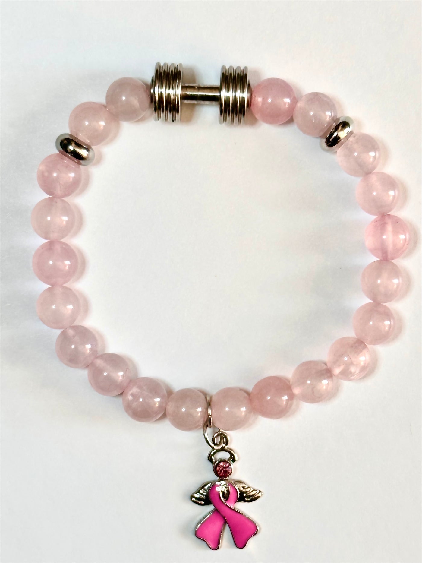 Pink Breast Cancer Bracelet with Stainless Steel Dumbbell - Brent's Bling