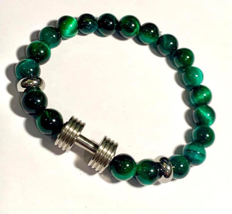 Silver Dumbbell Bracelet w Green Tiger Eye Beads - Brent's Bling