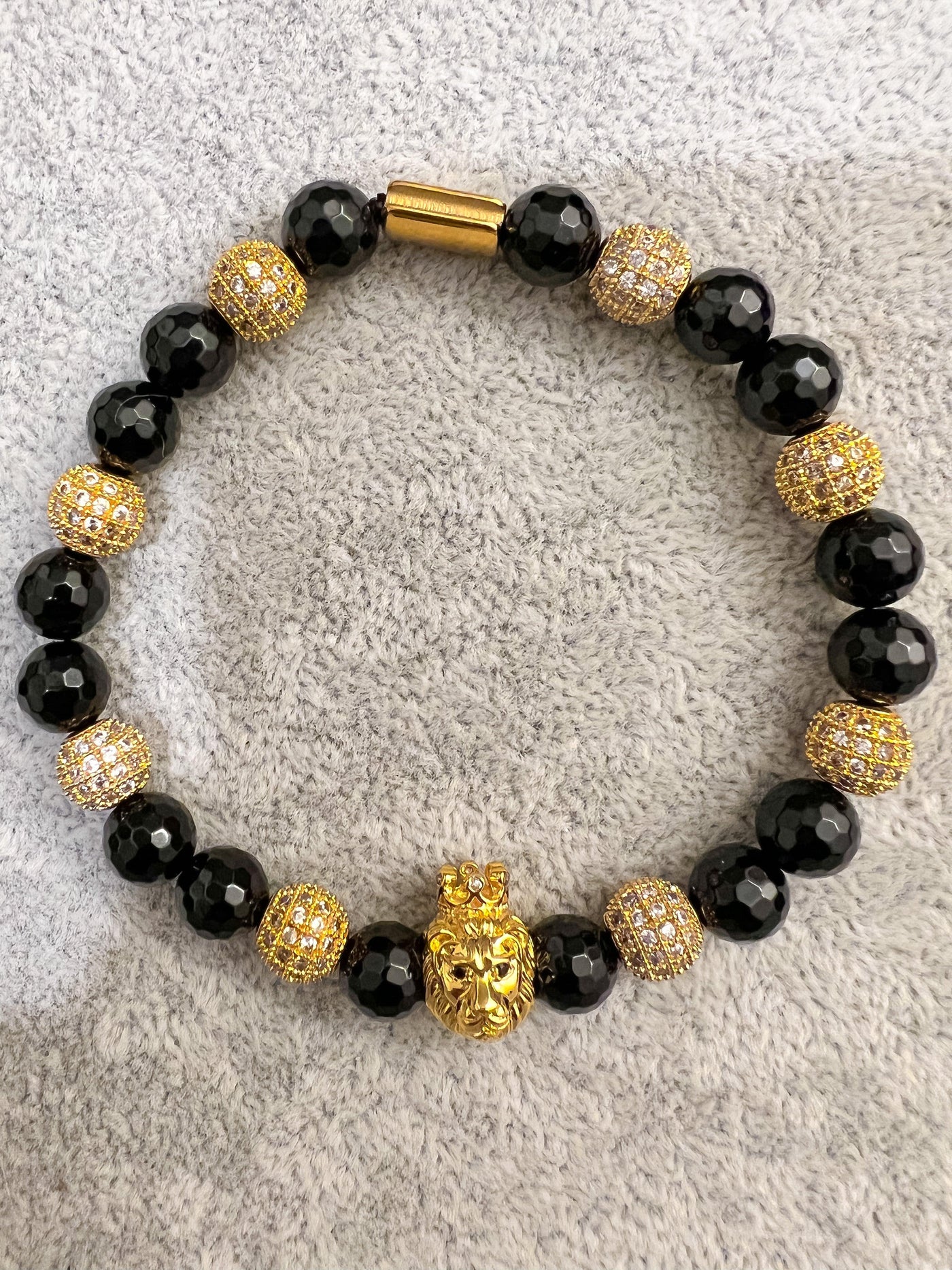 Gold Lion with Fauceted Black beads and Bling Ball Bracelet - Brent's Bling