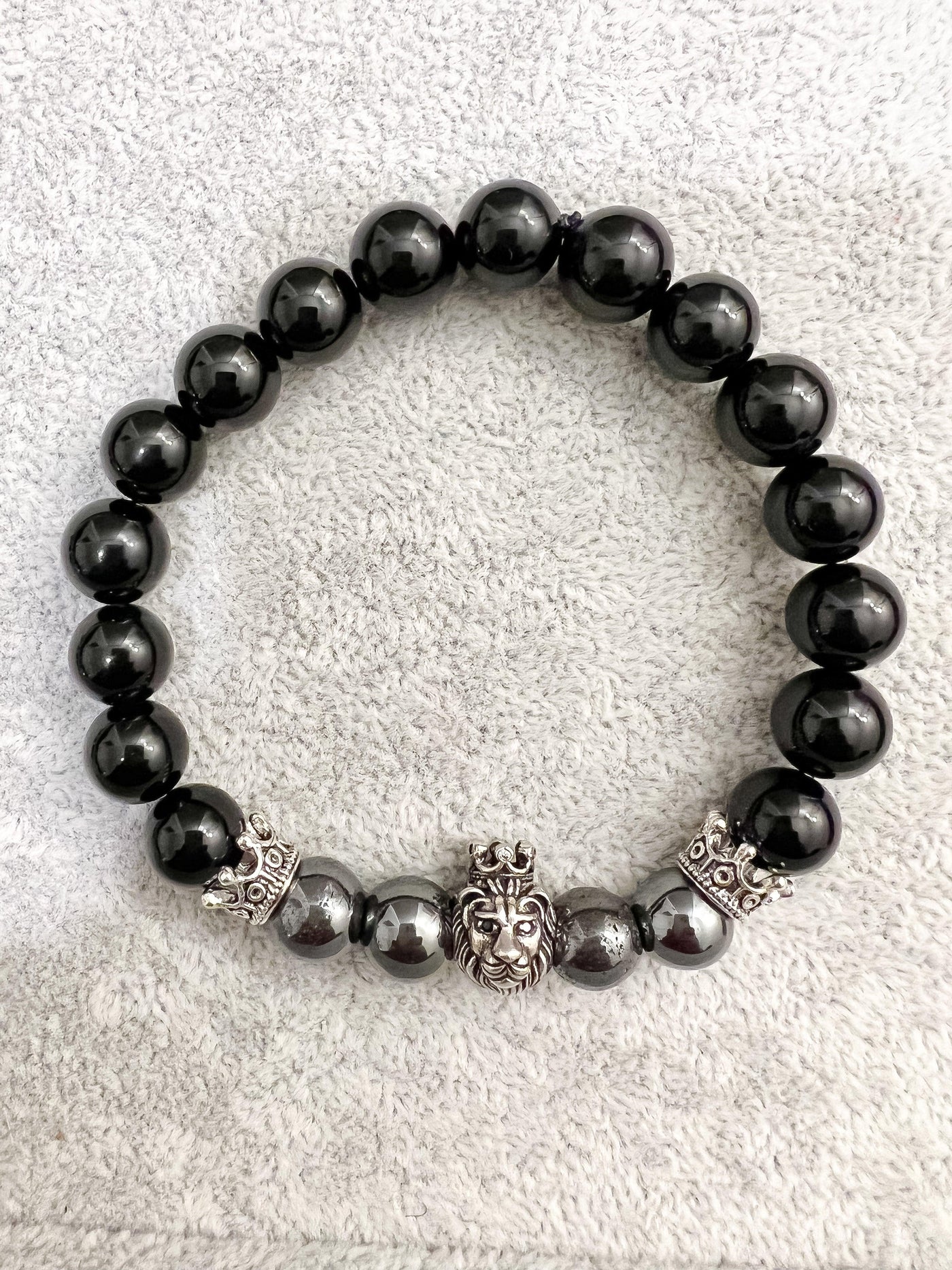 Silver Lion with Silver Crowns and Black Fauceted Bead Bracelet - Brent's Bling