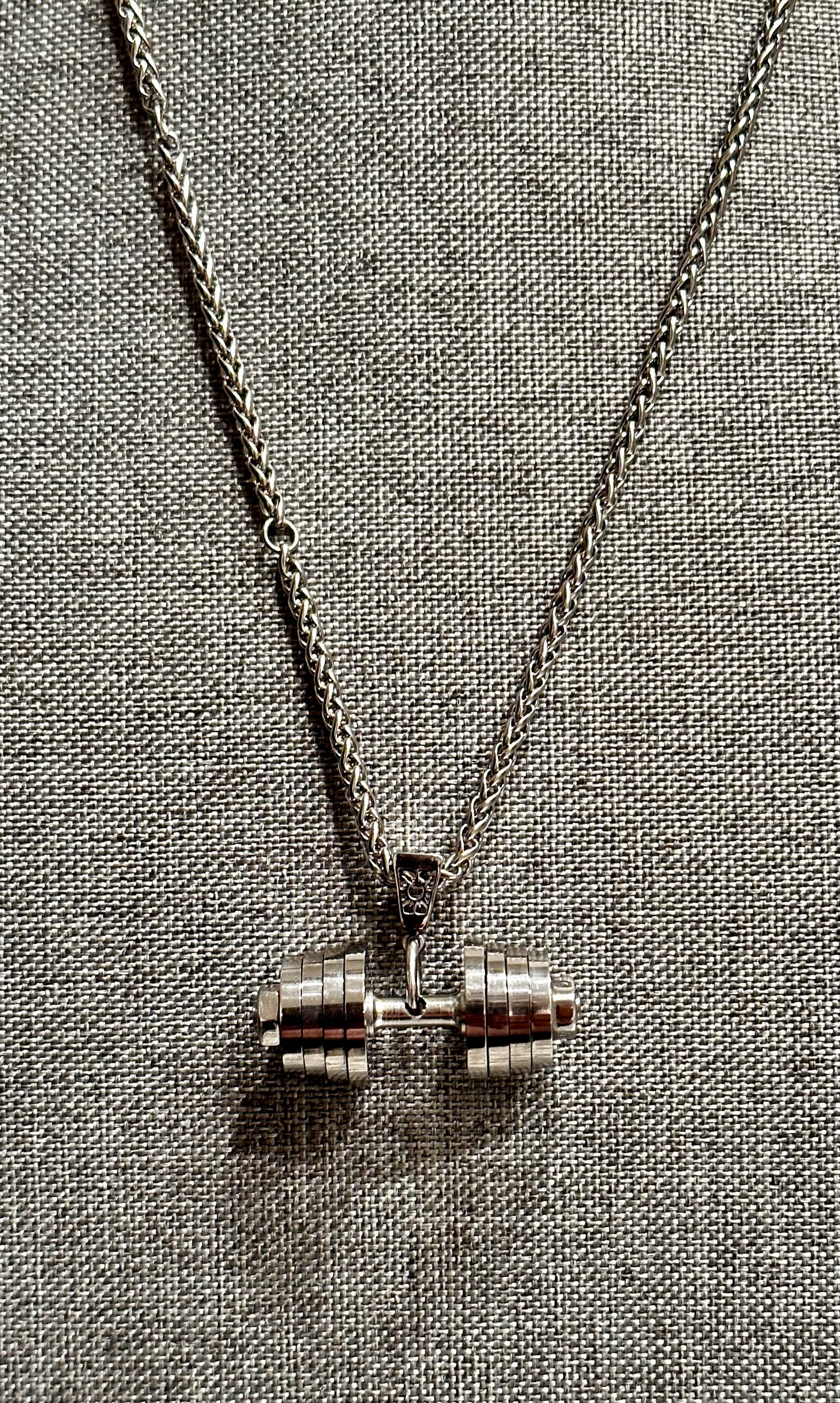 Silver Stainless Steel Dumbbell Necklace with a dumbbell pendant that comes apart - Brent's Bling