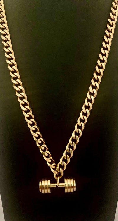 Large Gold Stainless Steel Gold Dumbbell Necklace with Cuban Chain - Brent's Bling