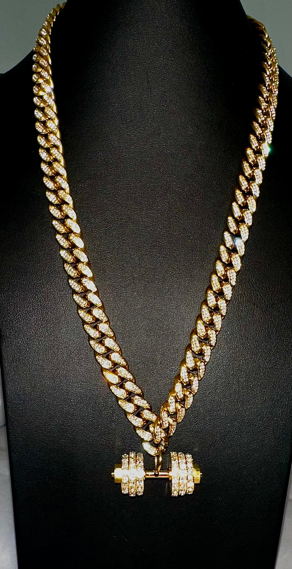 Gold iced Cuban chain, Iced dumbbell - Brent's Bling
