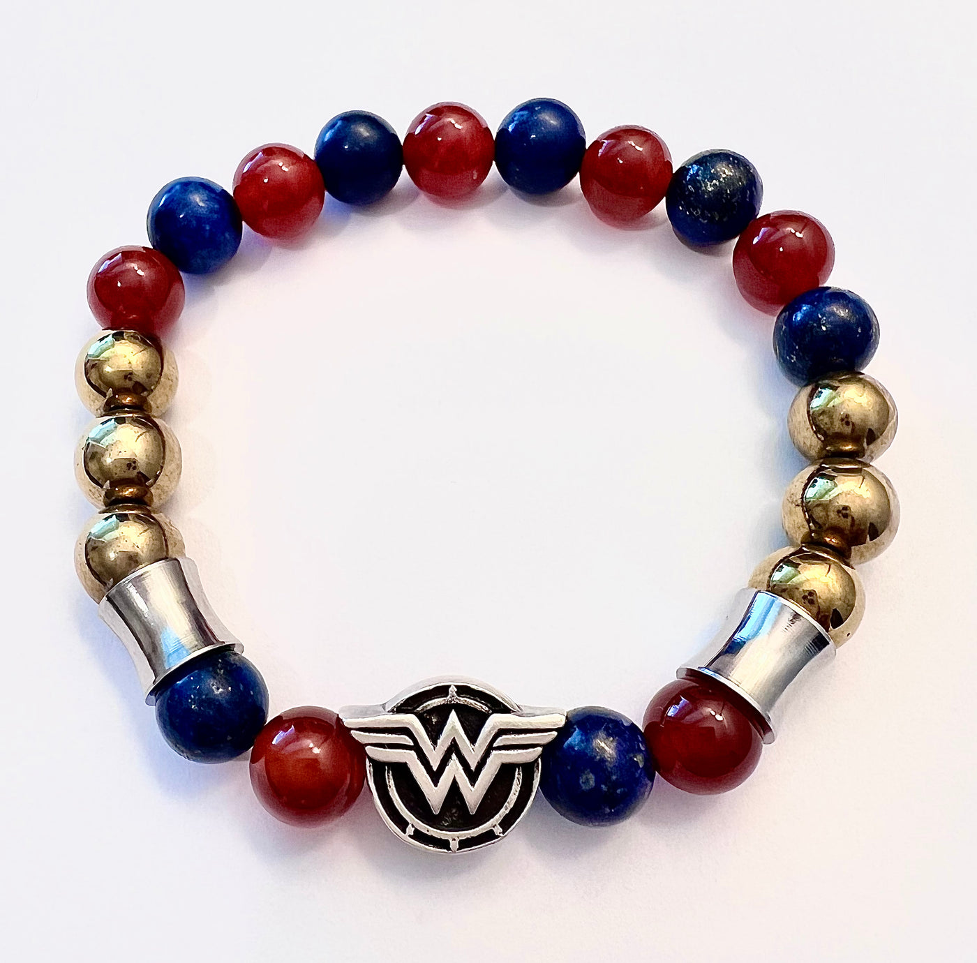 Silver Wonder Woman Charm Bracelet with Red, Blue and Gold Beads - Brent's Bling