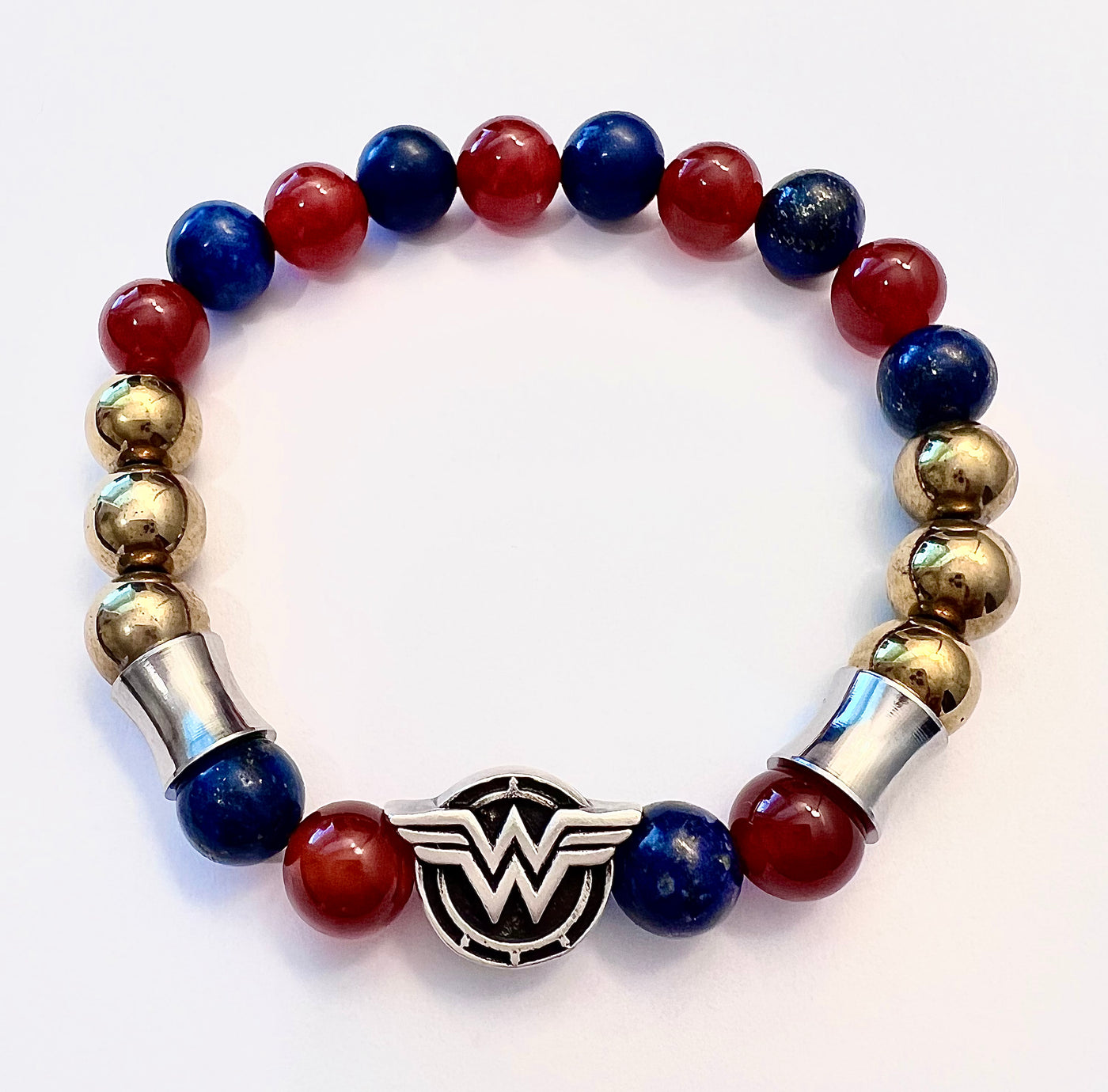 Silver Wonder Woman Charm Bracelet with Red Blue and Gold Beads