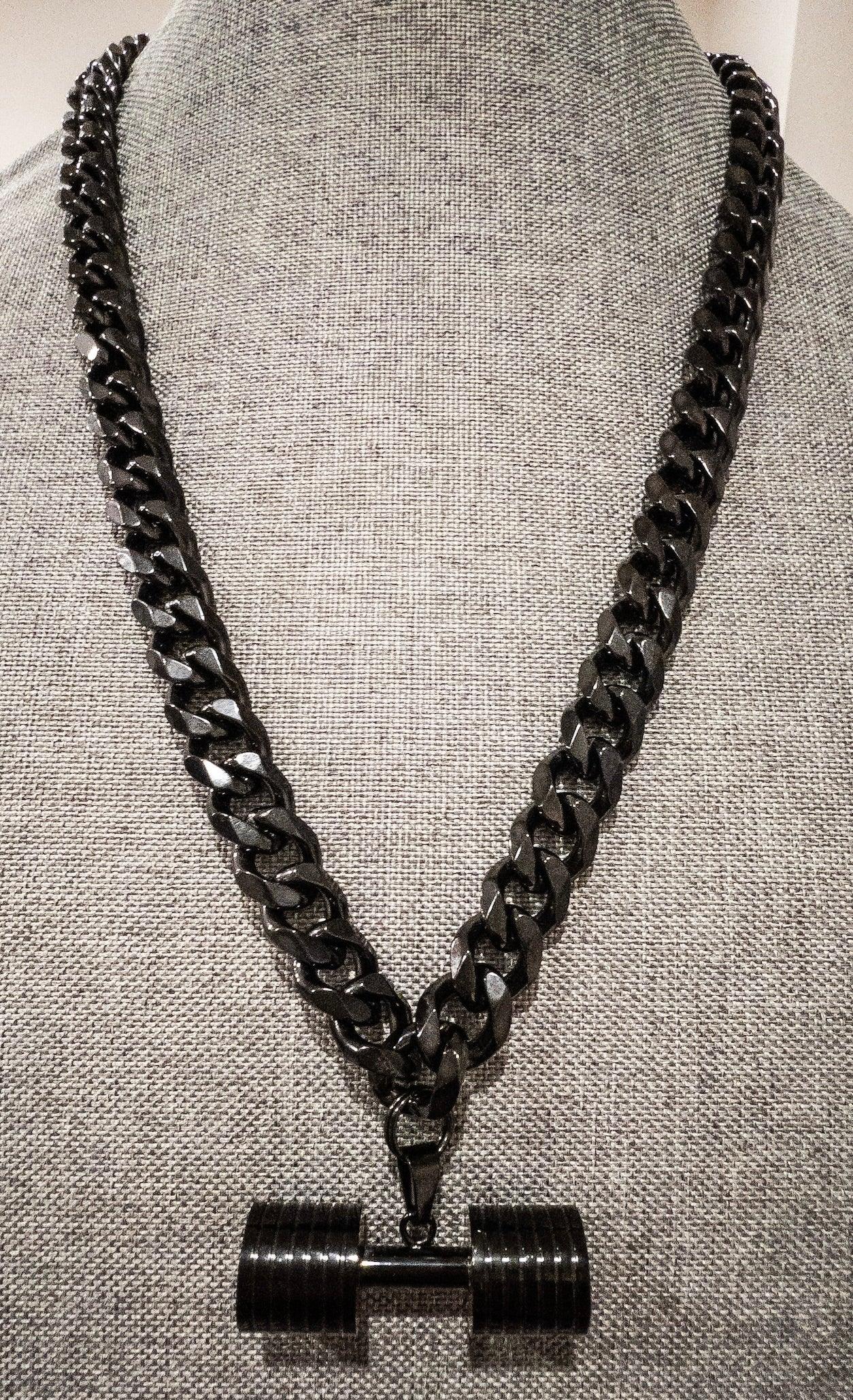 Huge Black Enamel Dumbbell Necklace with a Stainless Steel Cuban chain - Brent's Bling