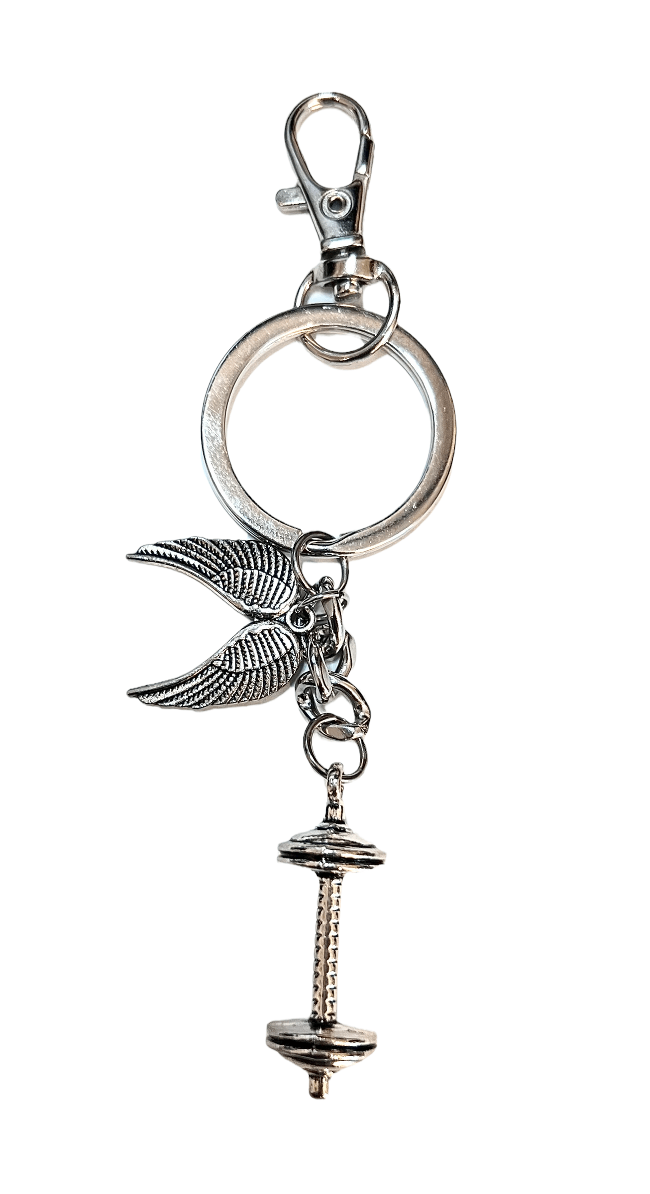 Silver Stainless Steel  Dumbbell key chain with Phoenix wings - Brent's Bling