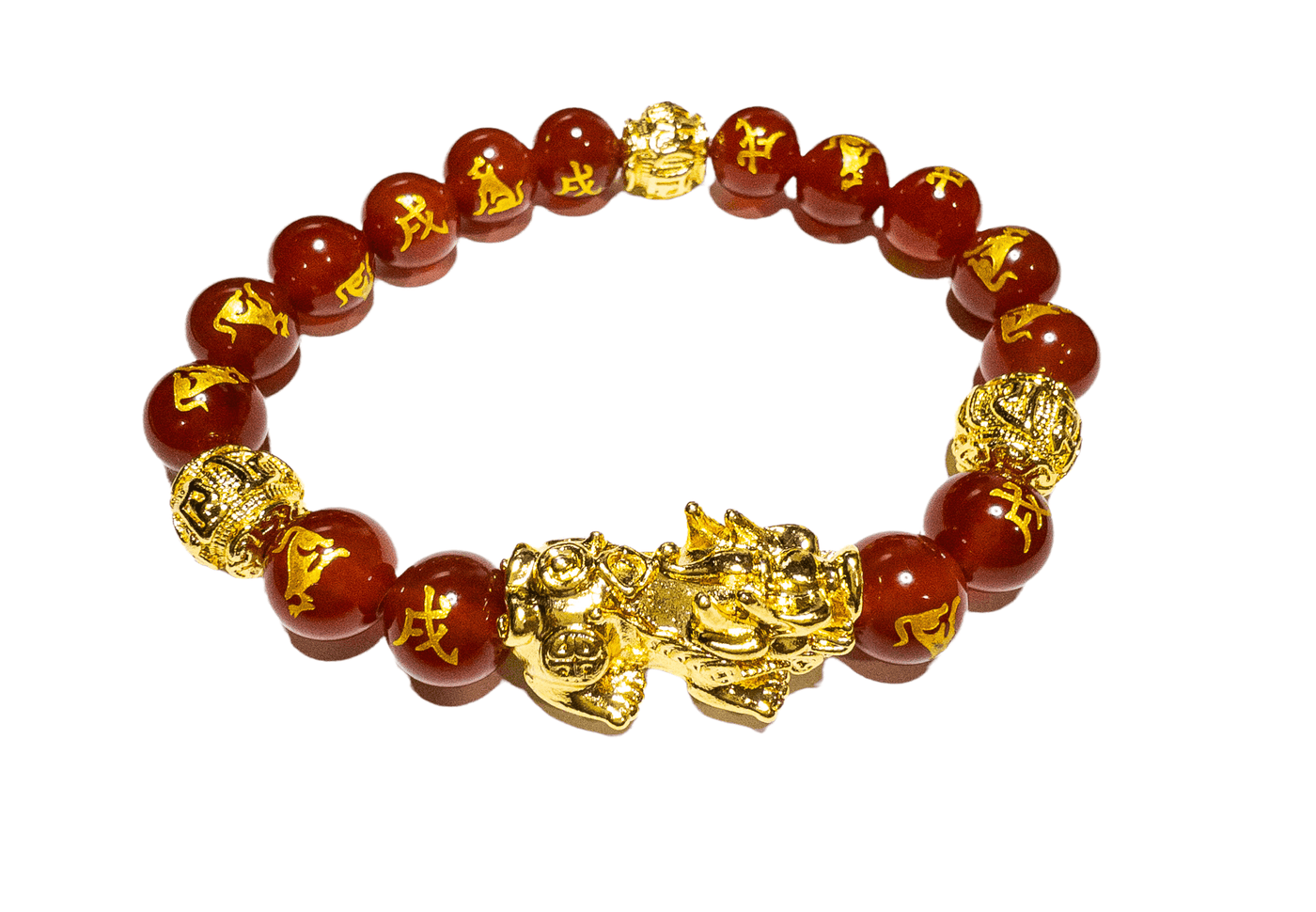Feng Shui Carnelian Bead Bracelet with 18 carat Gold Plated Dragon and 3 18K Gold plated Dragonlated beads - Brent's Bling