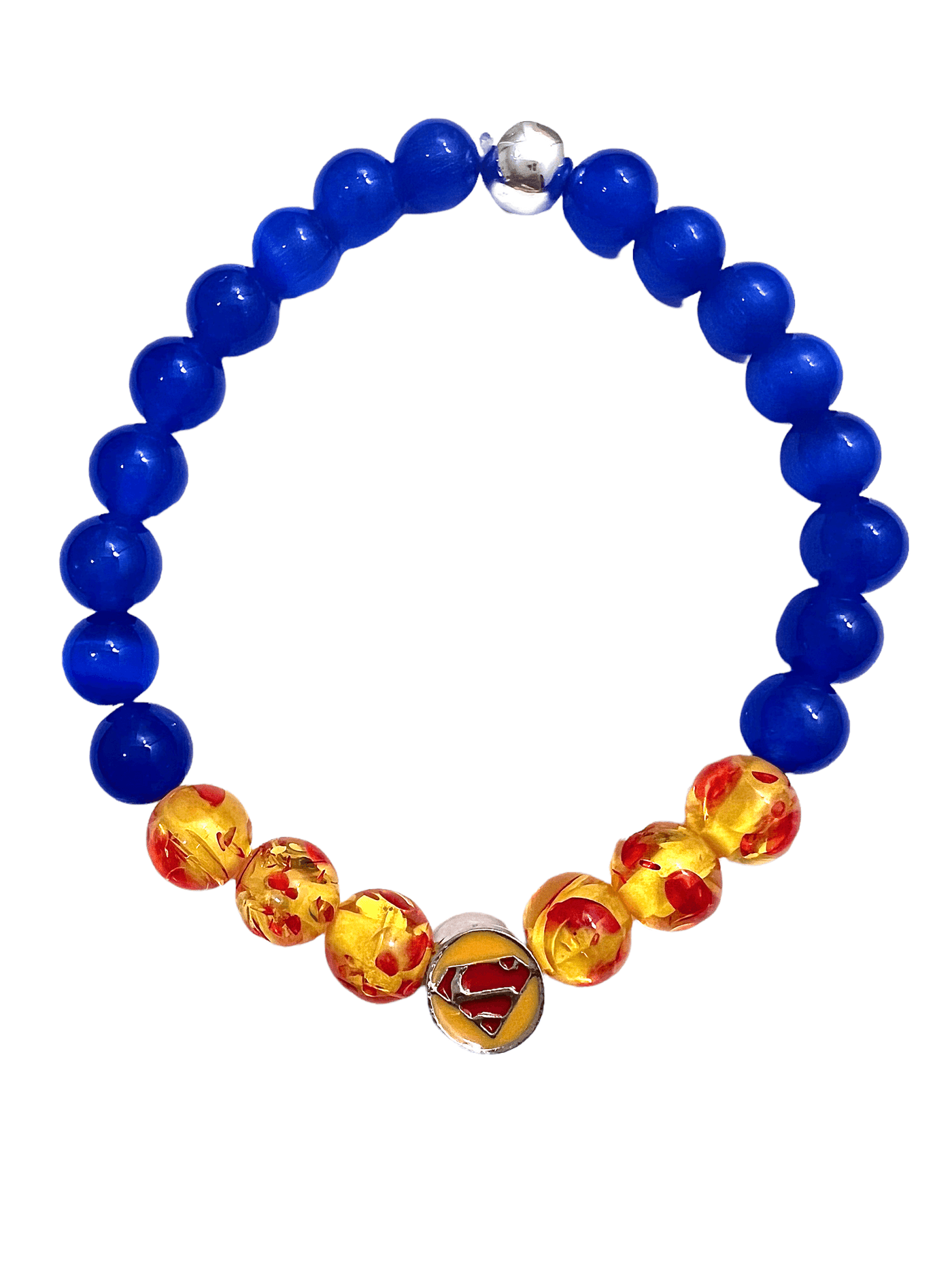 Superman Charm with Red and Yellow beads along with Blue Beads and a Hematite Bead - Brent's Bling