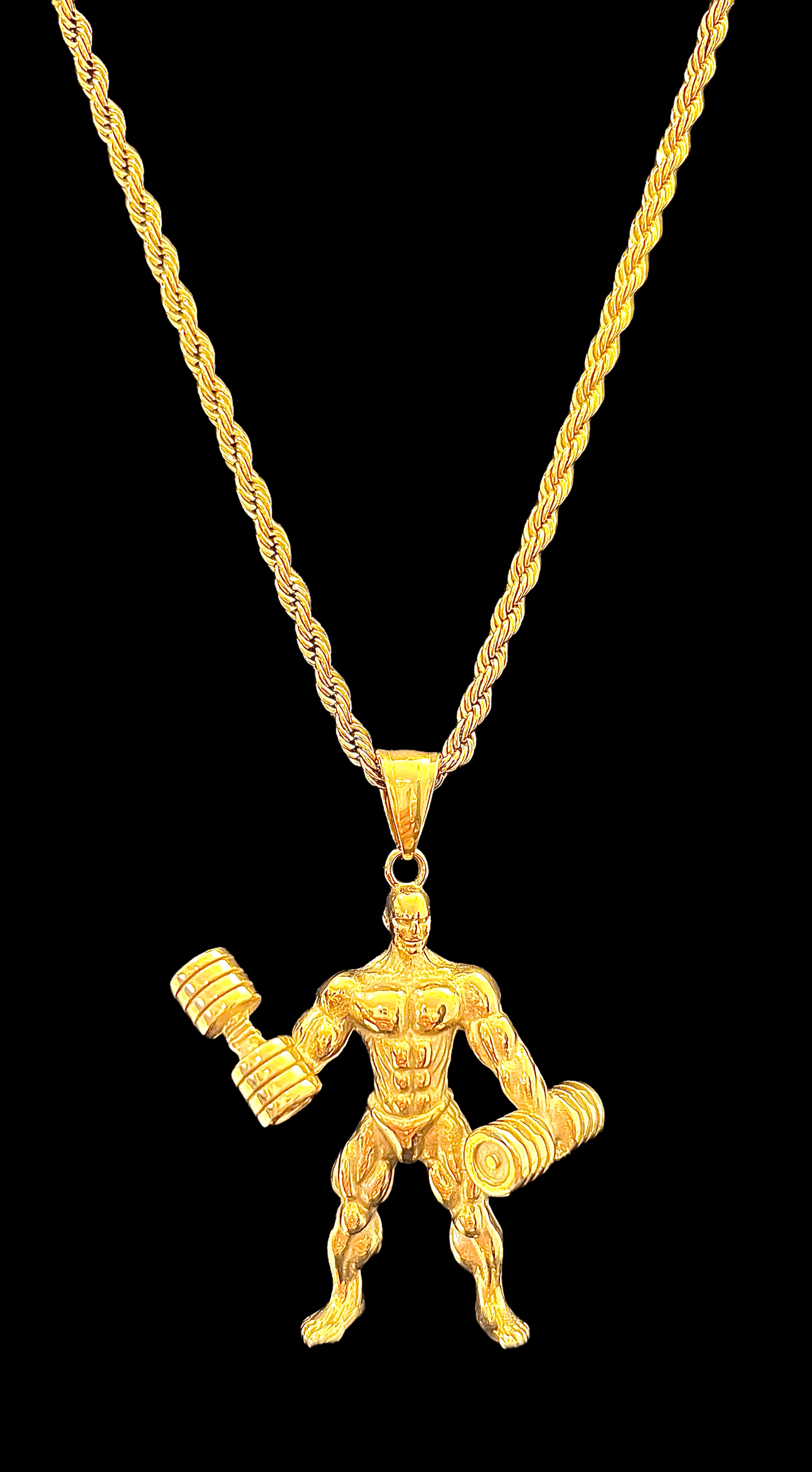 Gold plated bodybuilder muscle man curling weights with Gold chain - Brent's Bling