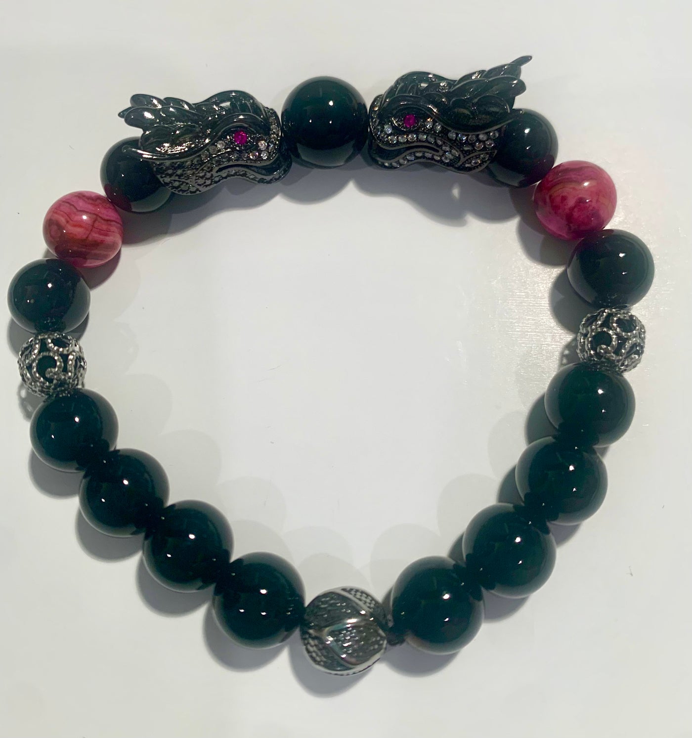 Silver Dragon Bracelet with Red Eyes and 3 Stainless Steel Spacer Beads - Brent's Bling